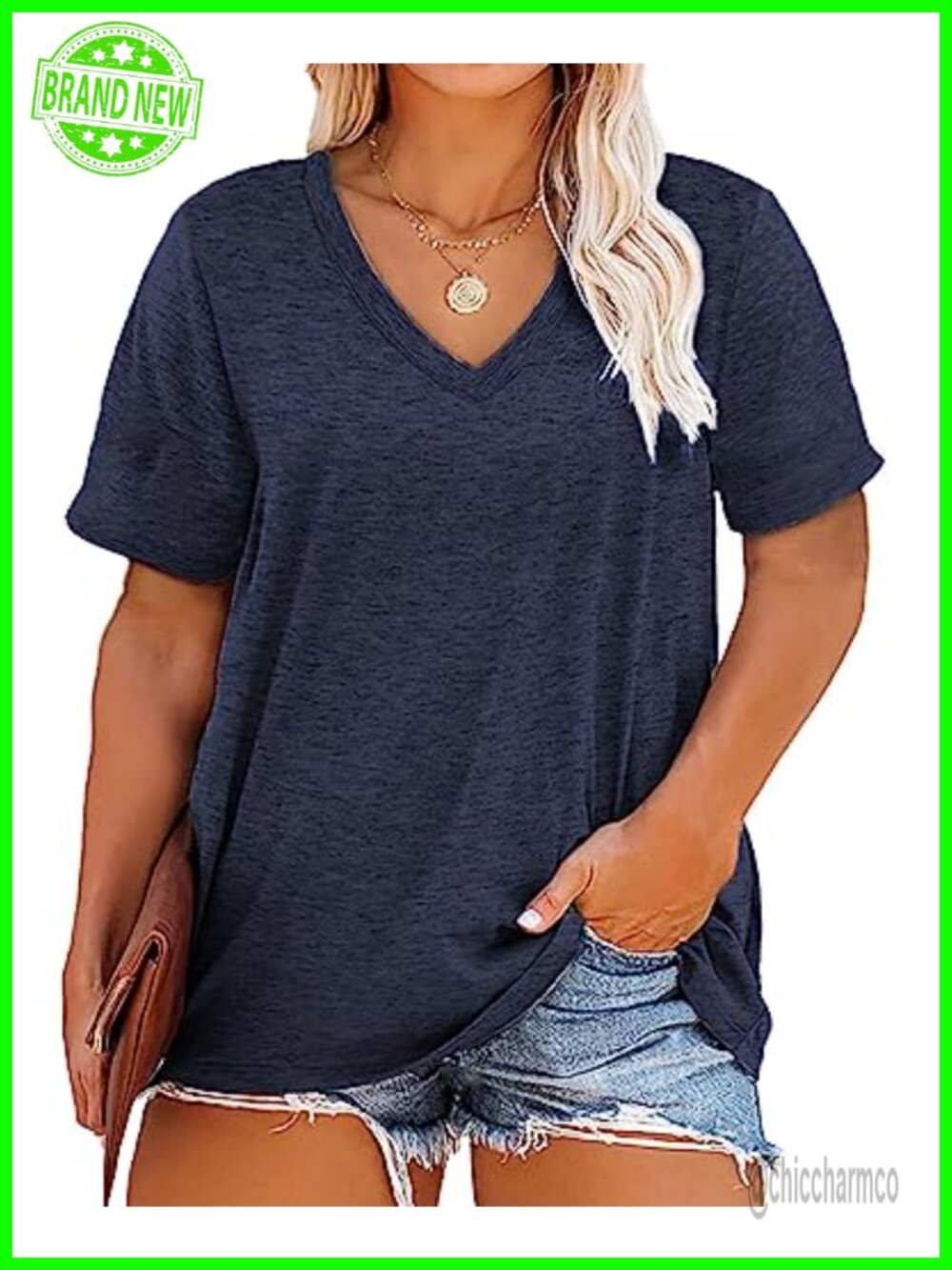 Plus Size V Neck Short Sleeve Tee Loose Fit Tunic T-Shirt